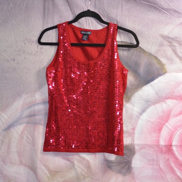 Red Sequinned Tank Top SZ M - Picture 2 of 4